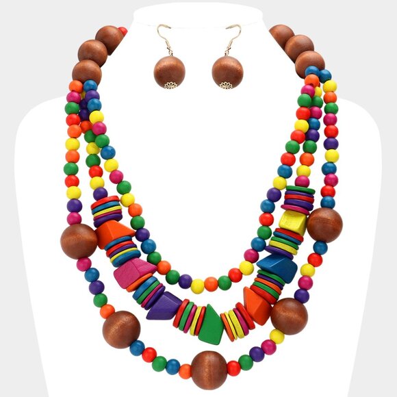 Modcloth Jewelry - Wood Ball Beaded Triple Layered Statement Necklace & Earrings SET NEW